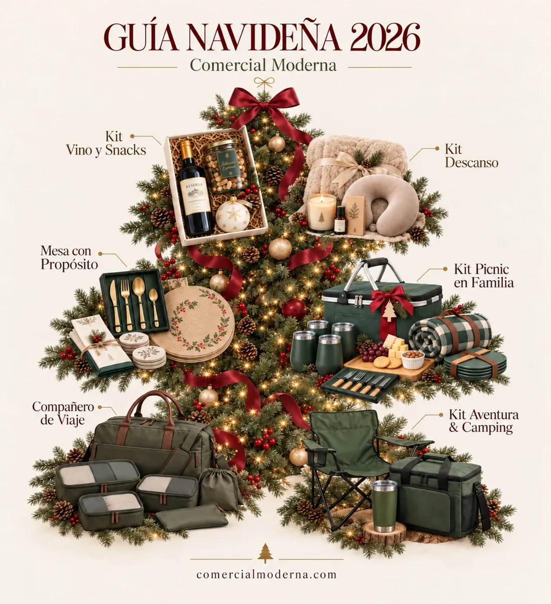 Guía navideña 2026 de Comercial Moderna: kits de regalo en un árbol de Navidad